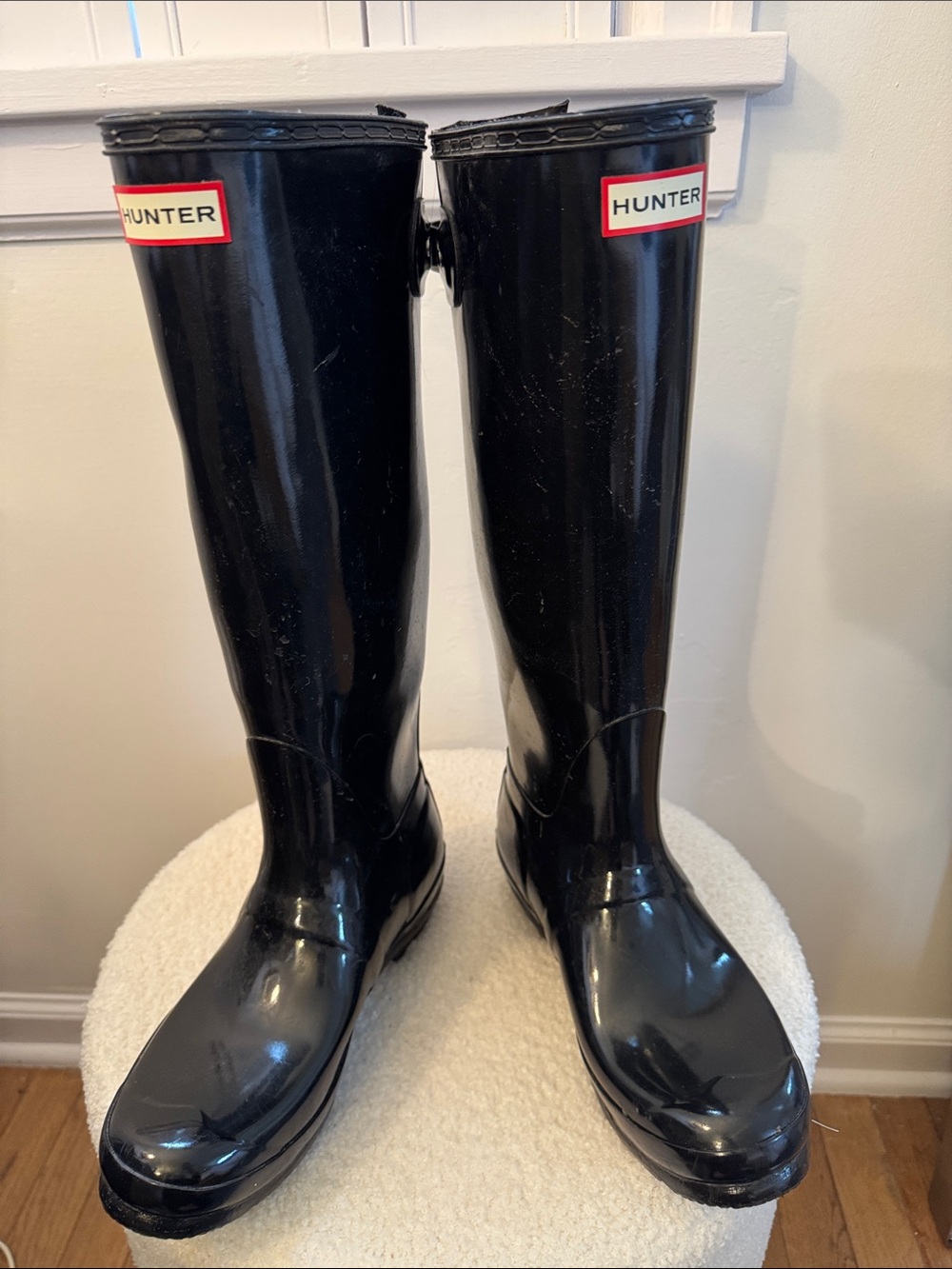 Hunter Women’s Glossy Black Tall Rain Boots with Black Hunter Fleece Liners